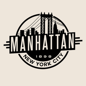 复古 t 恤贴纸会徽设计。美国纽约市曼哈顿，曼哈顿桥和天际线