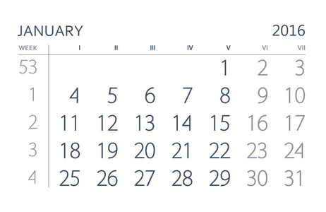 2016 年日历。1 月