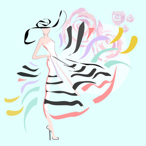 Abstract sketch of a woman in a striped dress and a hat, decora