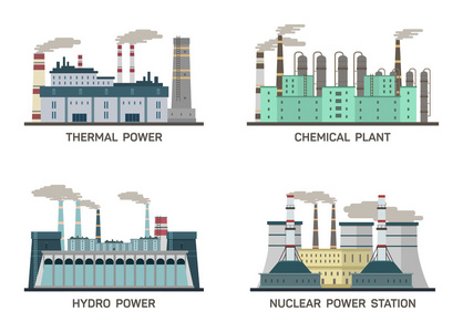 组的矢量工业平插画的不同类型的火力发电厂。制作能源和污染环境的设想。核 火电 水电 化工能源