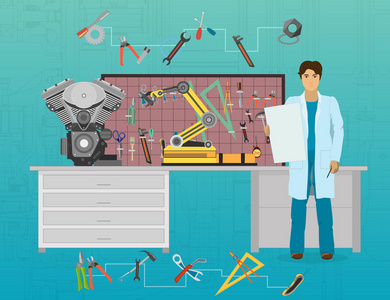 在科学与技术实验室的机械开发。科学家工作场所思想理念
