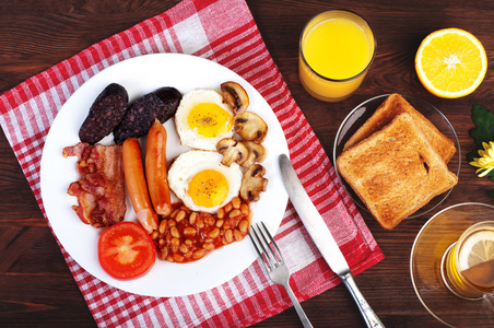经典的英式早餐，煎鸡蛋，香肠，黑p