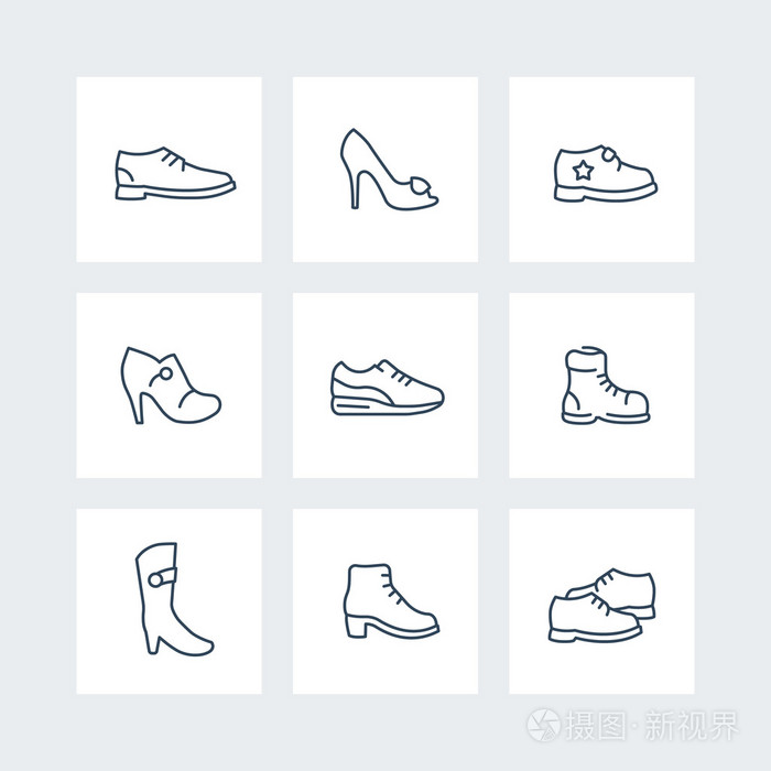 鞋线图标,高跟鞋,女鞋,靴子,运动鞋图标,矢量图