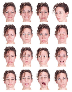 红头卷曲的成年白种人女人收集的一套面部表情