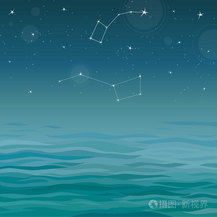 蓝色背景大海和与星星的夜空: 星座北斗七星北极星