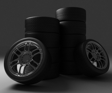 汽车车轮。3d 渲染在黑色背景上的插图