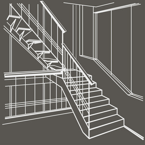 线性建筑素描室内楼梯上灰色背景