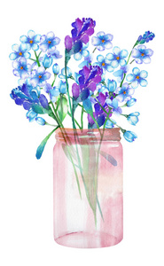 一幅图像，一束野花 勿忘我花 勿忘我 和薰衣草的花 在一个玻璃瓶中的插图