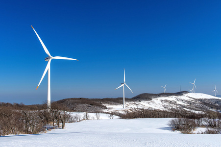 风力发电机组和蓝蓝的天空，在冬季景观