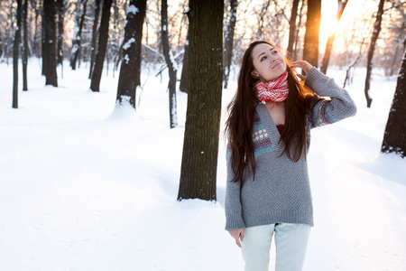年轻漂亮的女人 女孩 玩雪在暖和的衣服微笑在公园里