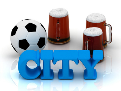 市蓝亮字，足球，3 杯啤酒