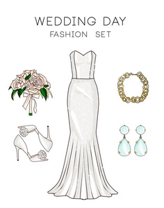 时尚的女人的衣服和配件婚纱 鲜花 鞋 钻石耳环一套