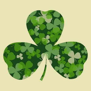 矢量 St Patrick 一天卡。绿色三叶草叶三叶草叶形状和白色或米色背景上。爱尔兰设计卡 邀请或问候 纺织 网站 宣