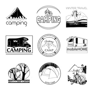 一套营地的标签和标志图形，邮票，打印，图标