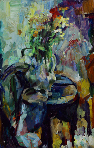 油画静物与鲜艳的色彩，在印象派风格花瓶中的花