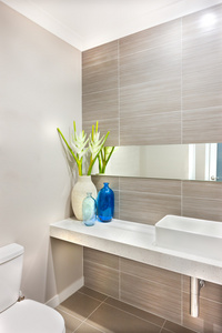 一间浴室，花白色，使用绿色的植物装饰