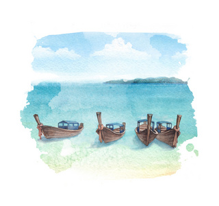 小船在海滩的水彩插图