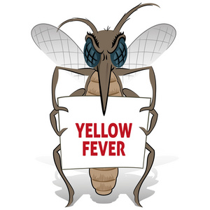 拿着海报黄热病的蚊子高跷。理想的信息和体制相关的卫生和护理