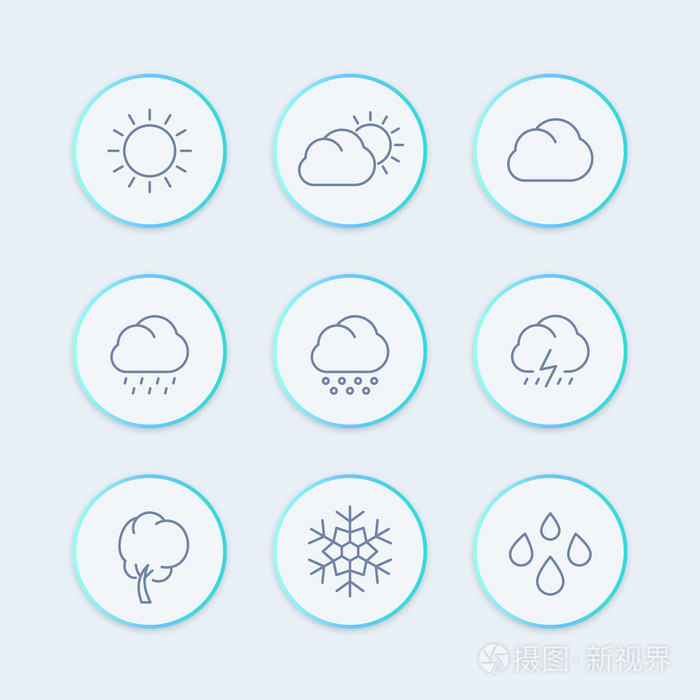 晴天, 多云的天气,雨,雪花, 冰雹, 大雪圆形图标, 天气符号