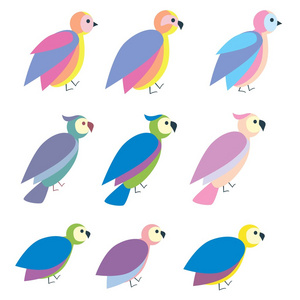 一套可爱的彩色鸟图标平插图矢量