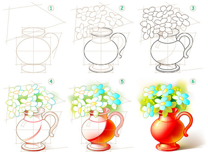 页显示如何一步一步一步学会画美丽的花瓶与花