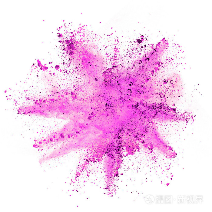 白色背景上的粉红色粉末的爆炸式增长