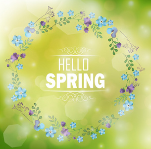 圆环花卉框架与文本你好春天和散景背景