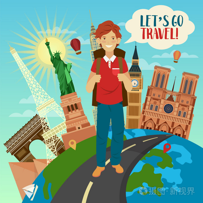 Lets Go Travel Banner with Famous World Buil