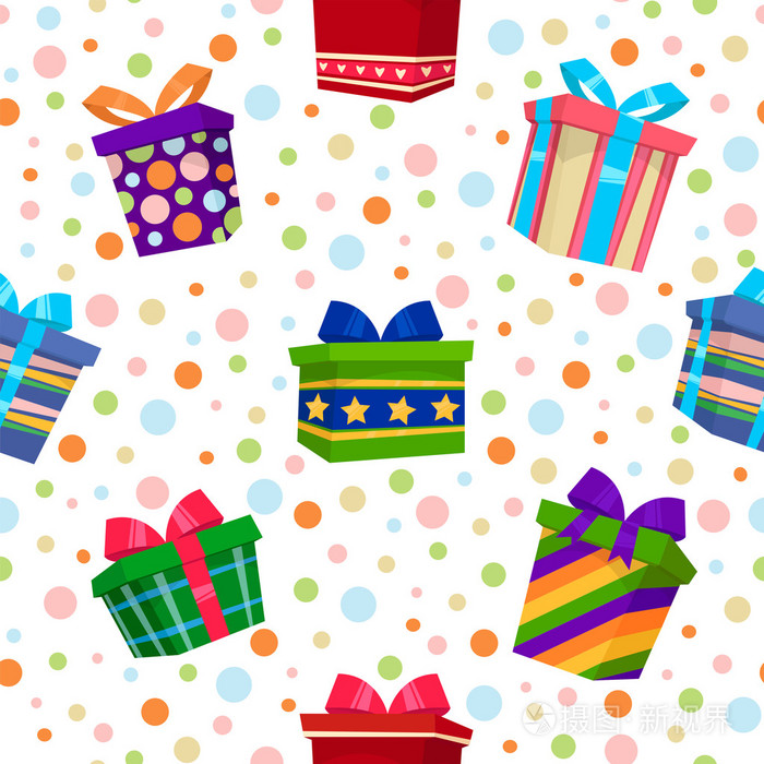 生日快乐无缝图案与蛋糕气球和礼品盒