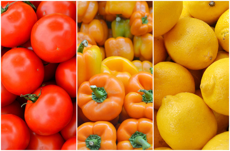 健康有机的红色 黄色和橙色水果和蔬菜的拼贴画