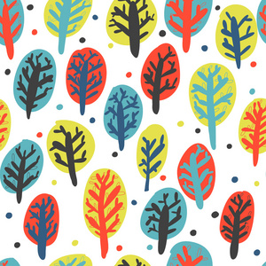 漂亮的秋天手画树五种颜色。无缝模式