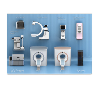 医学成像系统在蓝色展览舞台中显示