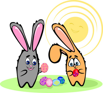 两个复活节兔子与向量中画鸡蛋