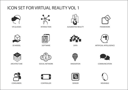 虚拟现实 Vr 矢量图标集。在平面设计中的多个符号喜欢虚拟现实眼镜 增强的现实 传感器 交互 3d 模型