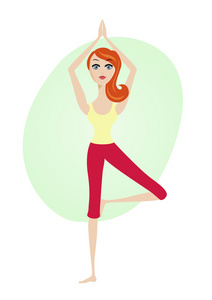 女性瑜伽树体式的姿势站在一条腿