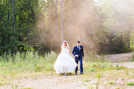 新婚夫妇与彩色烟雾中夏公园