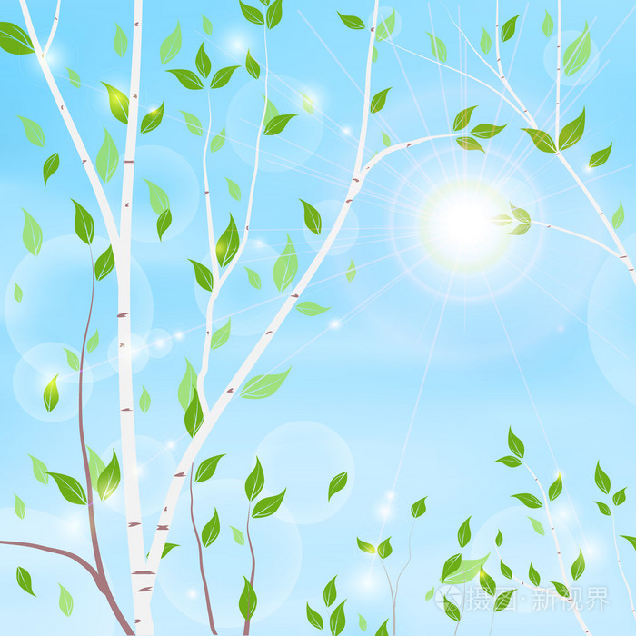 春天的背景绿树和太阳在蓝天上的背景矢量插图