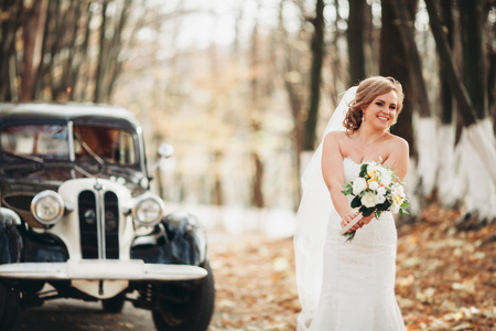 附近在秋天复古车束美丽幸福的新娘