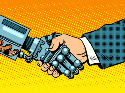 机器人和人的握手。 新技术的发展