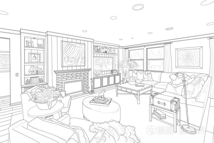 黑色线描的一个自定义的客厅