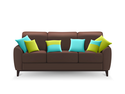 棕色现实沙发上与装饰座垫图片
