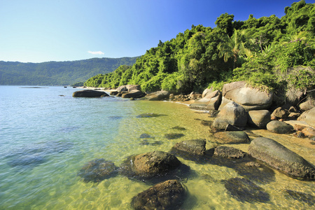 热带海滩以绿化水面 岸边和底部的石头