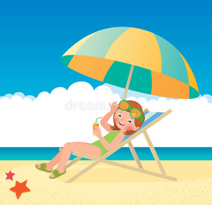 女孩日光浴躺在海滩上的太阳躺椅上