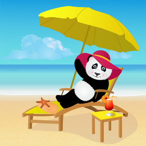 在热带海滩上晒日光浴的卡通熊猫熊
