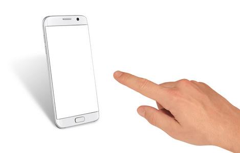 人手触摸显示白色隔离智能手机。 白色的