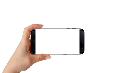 现代黑色智能手机在女性手中处于水平位置。 ww