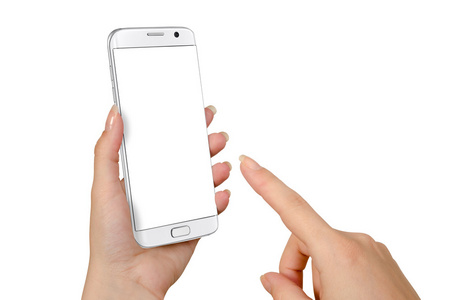 现代白色智能手机在女人手中。 白色屏幕模拟