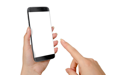 女性手触摸显示黑色隔离智能手机。 白色