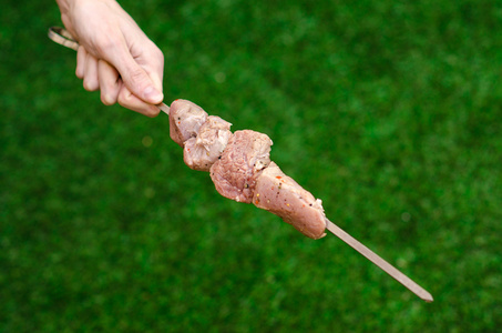 野餐和烹饪主题  男人的手生肉的烤肉串上绿草背景在夏天