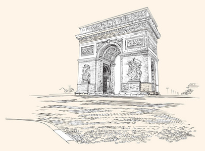 电弧巴黎凯旋门法国，手绘图。矢量图